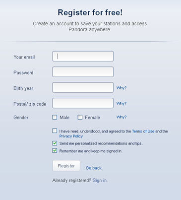 pandora radio login my account