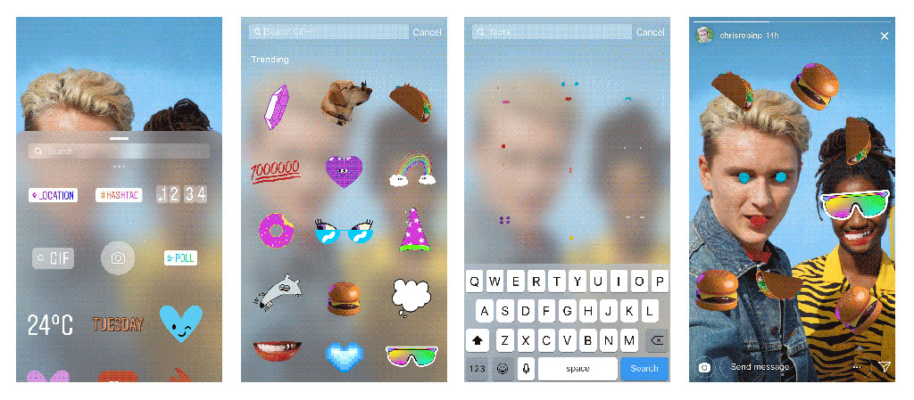 Stickers: location, gifs, emojis and more.