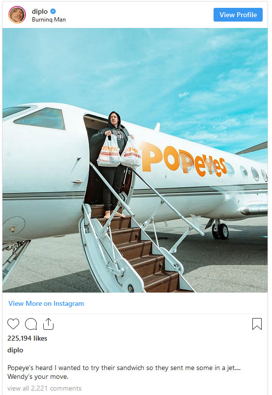 Celebrity Instagram photo promoting Popeyes