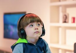 Little boy wearing headphones