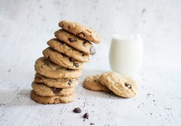 A stack of chocolate chip cookies and a glass of milk