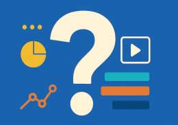 Colorful shapes and a large question mark on blue background.