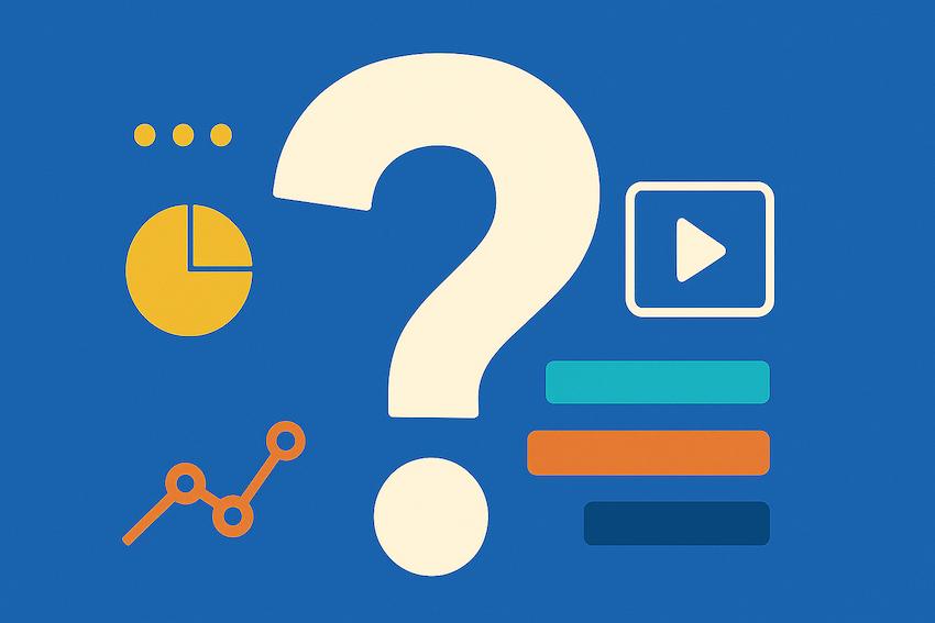 Colorful shapes and a large question mark on blue background.